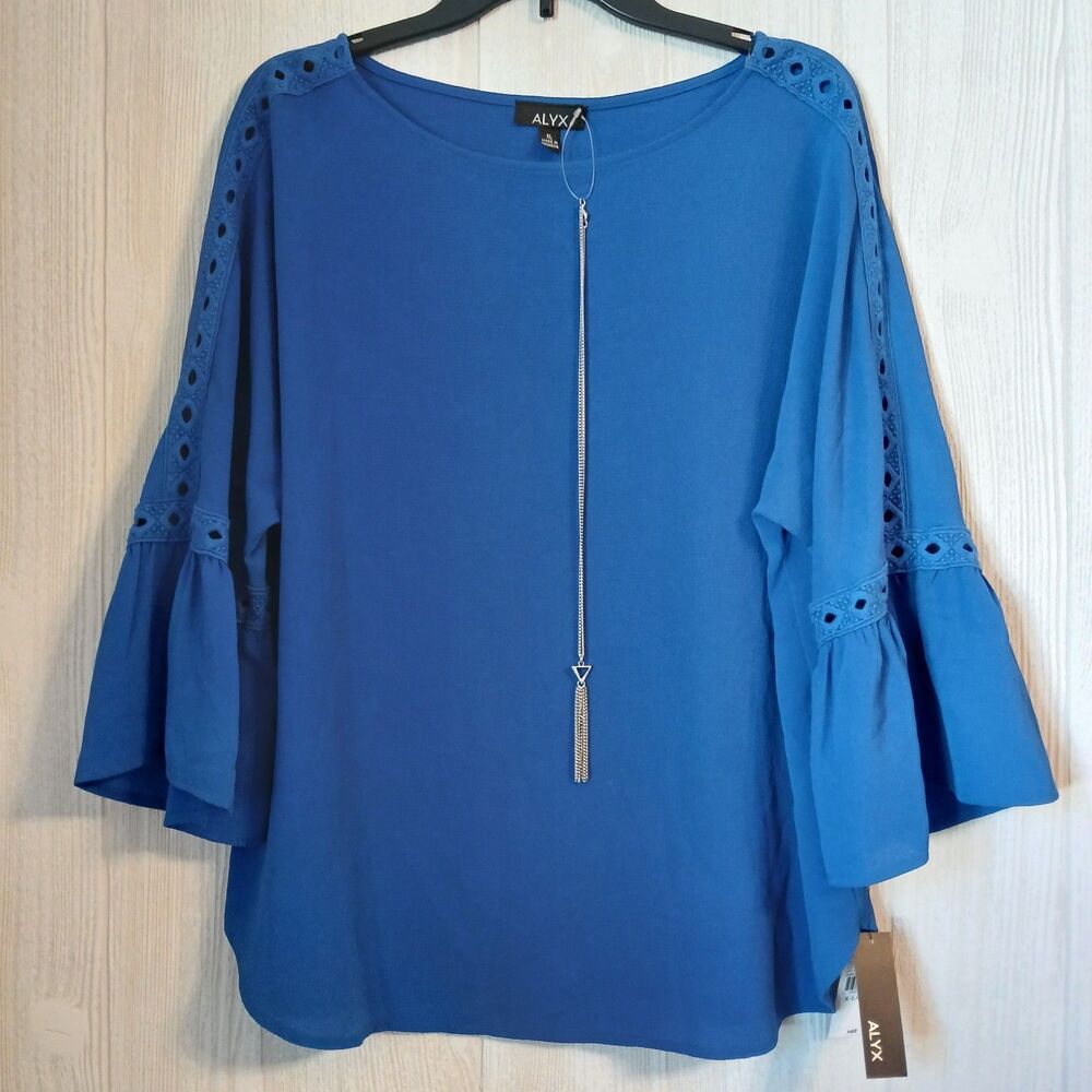 Alyx Women's Size XL Cobalt Blue Jewel Daze Blouse Bell Sleeves Top & Necklace